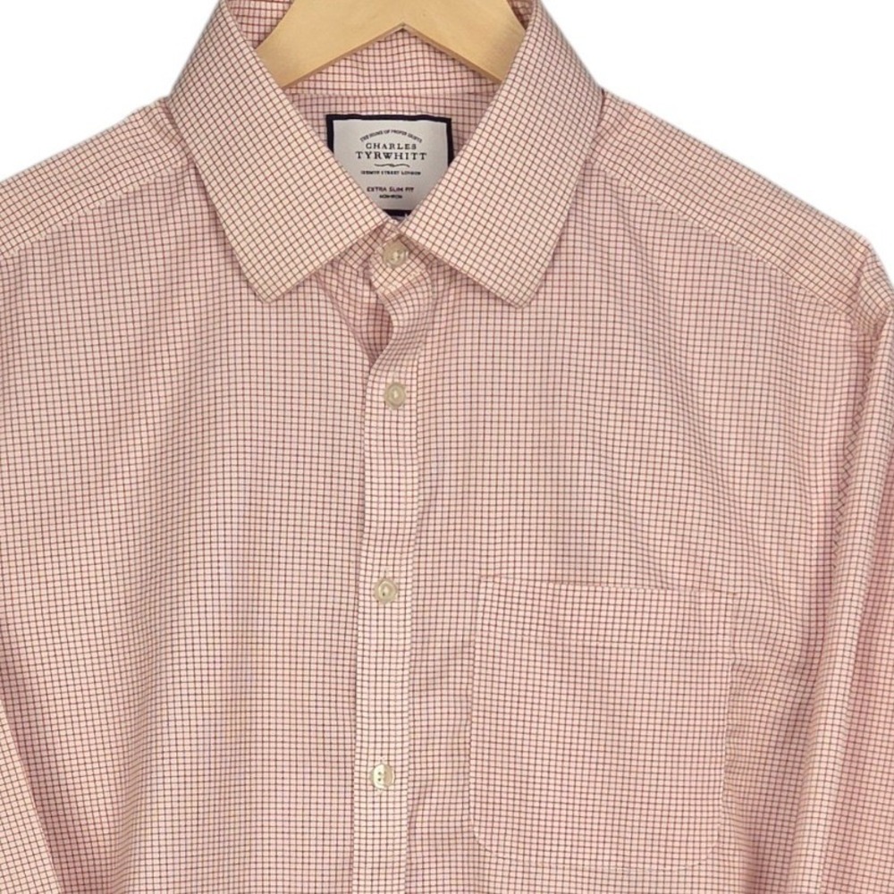 Charles Tyrwhitt Dress Shirt Mens 17/37 Red White Check Extra Slim Fit‎ Non-Iron